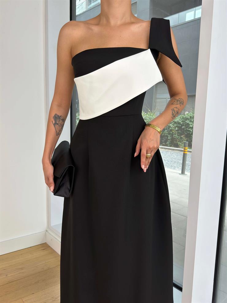 Tek Askılı Belden Oturtmalı Rubras Siyah Kadın Elbise 25K098