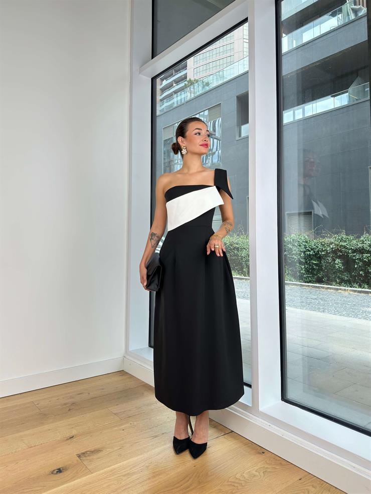 Tek Askılı Belden Oturtmalı Rubras Siyah Kadın Elbise 25K098