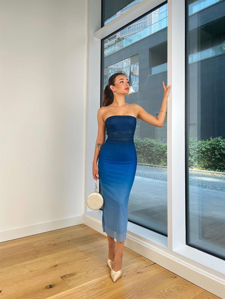 Straplez Streç Drapeli Rudolf Kadın Lacivert Renk Geçişli Elbise 24Y821