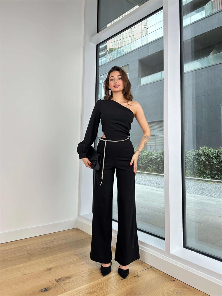 Tek Kol Bel Pencereli Bol Paça Ruslan Kadın Siyah Tulum 24Y262