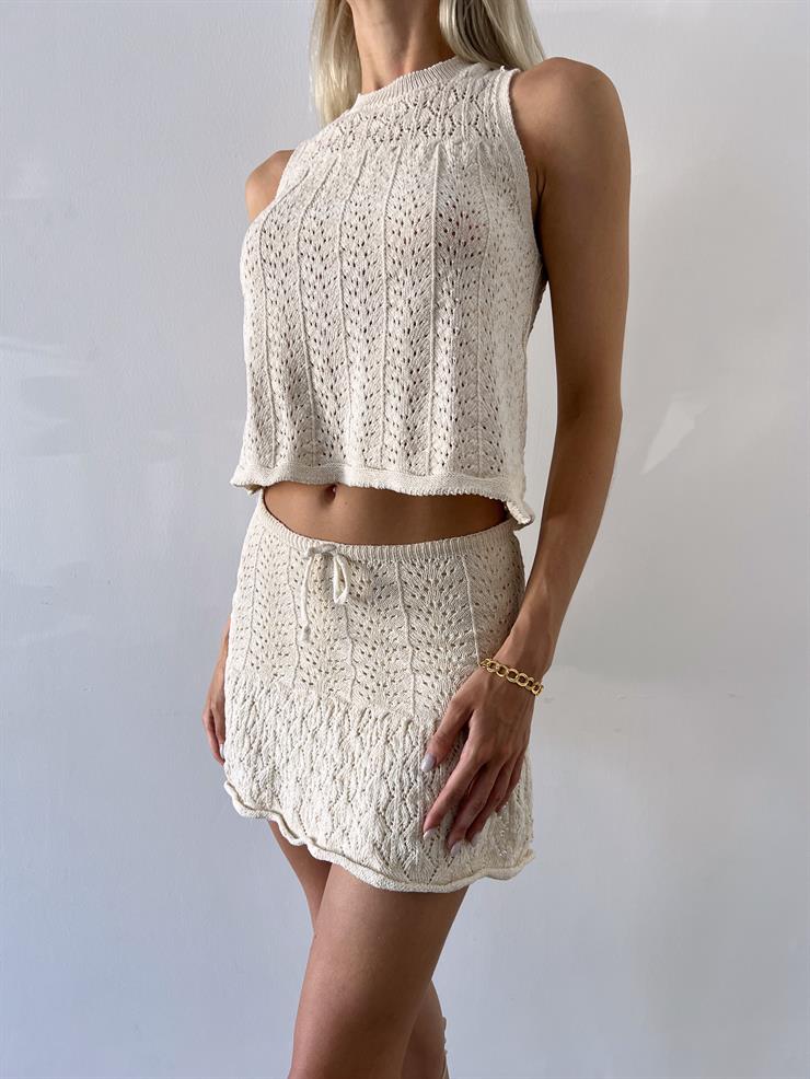 Kolsuz Bluz Düşük Bel Örme Kumaş Mini Etek Ryan Kadın Taş Takım 23Y000515