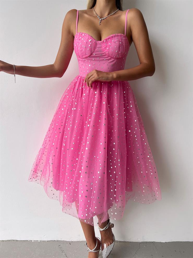 Thin Strap Star Pattern Sabrina Womens Pink Tulle Dress 23Y000355