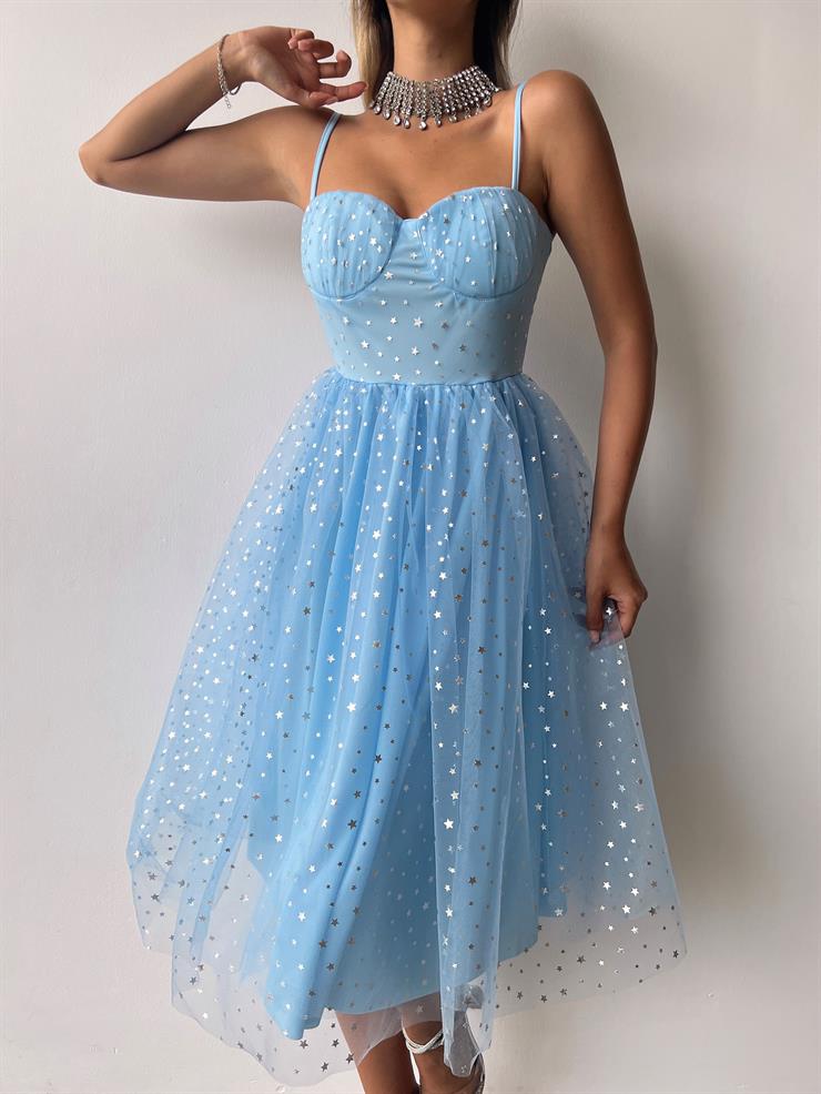 İnce Askılı Yıldız Desenli Sabrina Kadın Mavi Tül Elbise 23Y000355