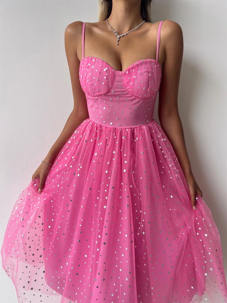 Thin Strap Star Pattern Sabrina Womens Pink Tulle Dress 23Y000355