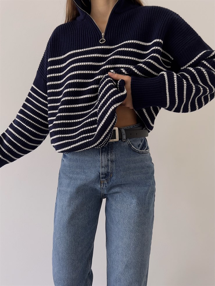 Saç Örgülü Uzun Kol Önü Yarım Fermuarlı Çizgili Kadın Lacivert Kazak 23K000196
