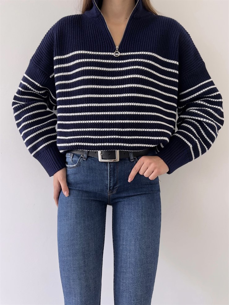 Saç Örgülü Uzun Kol Önü Yarım Fermuarlı Çizgili Kadın Lacivert Kazak 23K000196