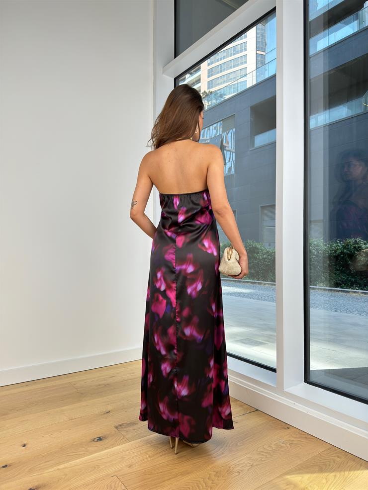 Boyundan Askılı Sachi Kadın Desenli Mor Elbise 24Y737