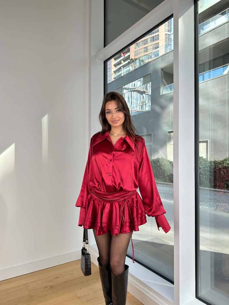 Üst Kısmı Düğme Kapamalı Kabarık Mini Etekli Sahid Bordo Kadın Mini Saten Elbise 25K306