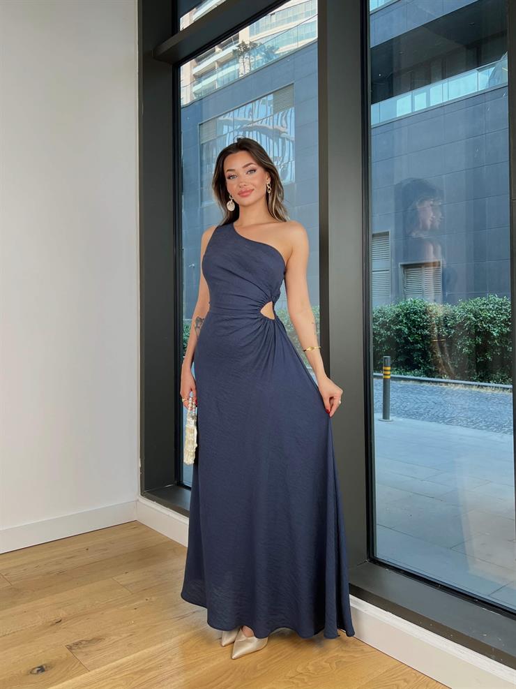 Tek Omuz Drapeli Beli Pencere Detaylı Salen Lacivert Kadın Elbise 25Y474