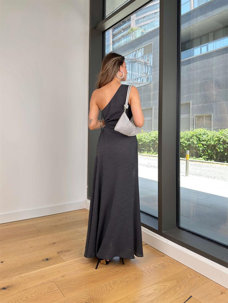 Tek Omuz Drapeli Beli Pencere Detaylı Salen Siyah Kadın Elbise 25Y474