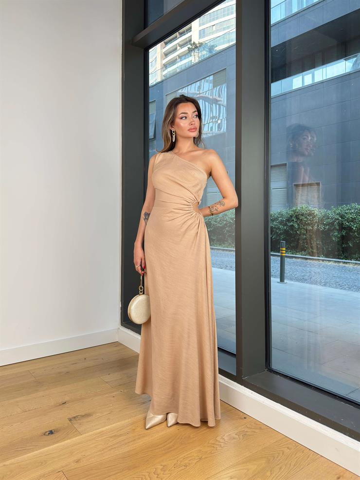 Tek Omuz Drapeli Beli Pencere Detaylı Salen Bej Kadın Elbise 25Y474