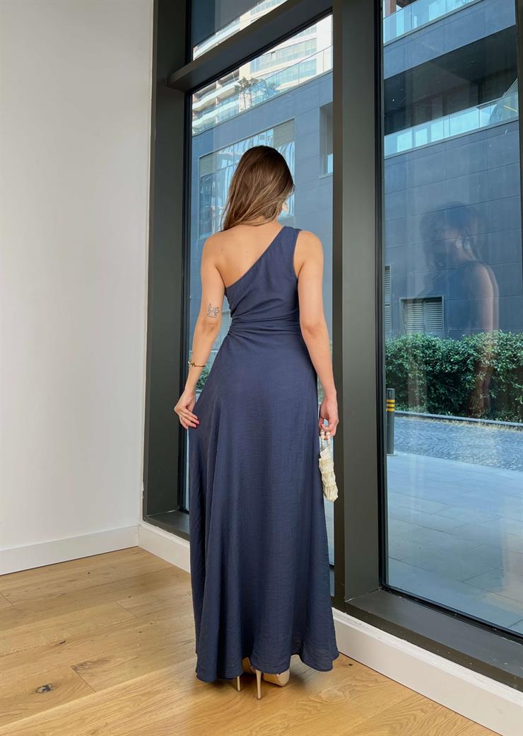 Tek Omuz Drapeli Beli Pencere Detaylı Salen Lacivert Kadın Elbise 25Y474