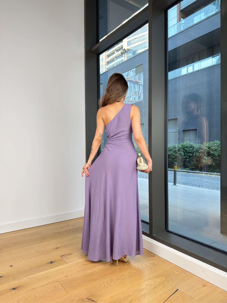 Tek Omuz Drapeli Beli Pencere Detaylı Salen Lila Kadın Elbise 25Y474