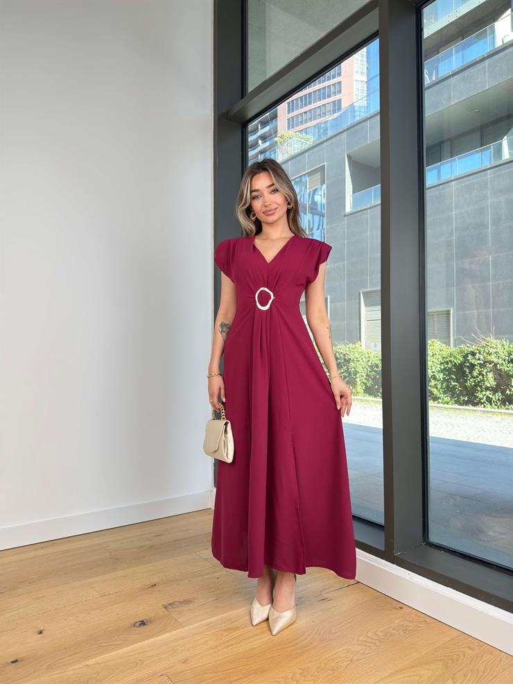 V Yaka Önü Aksesuarlı Sally Mürdüm Kadın Elbise 25Y002