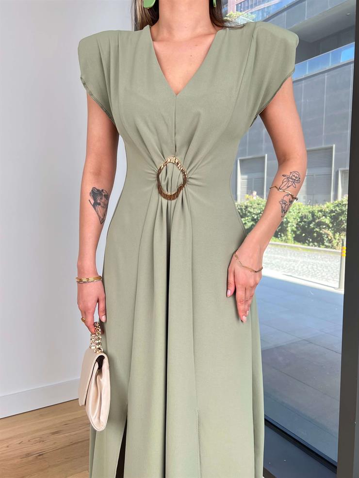 V Yaka Önü Aksesuarlı Sally Yeşil Kadın Elbise 25Y002