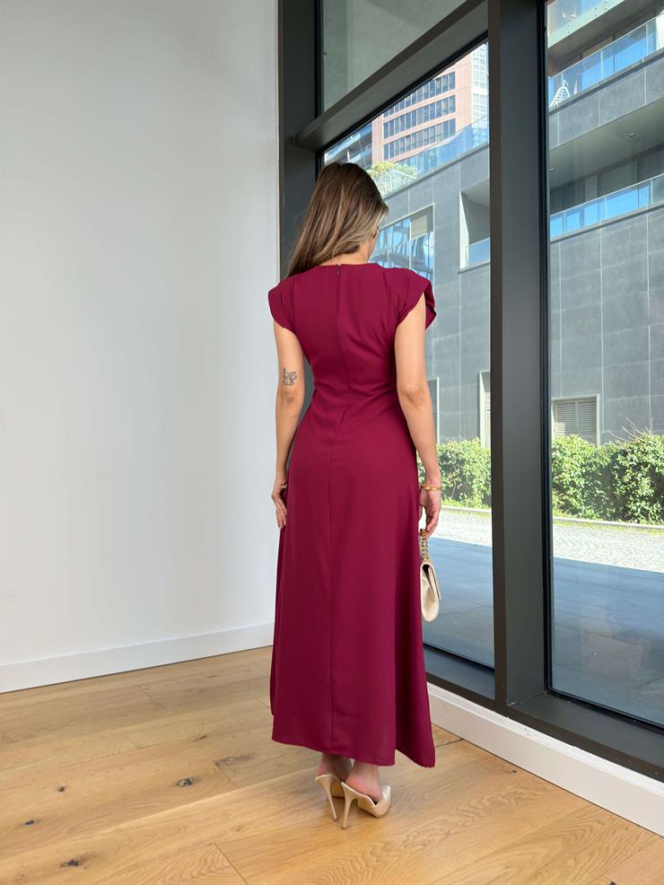 V Yaka Önü Aksesuarlı Sally Mürdüm Kadın Elbise 25Y002