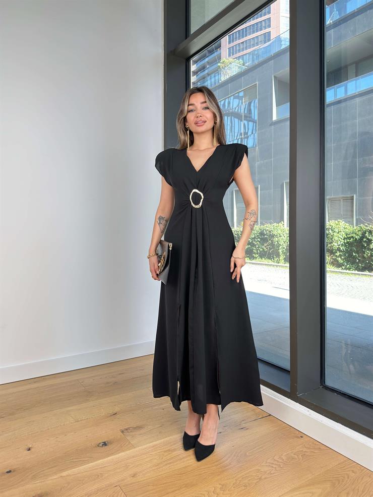 V Yaka Önü Aksesuarlı Sally Siyah Kadın Elbise 25Y002