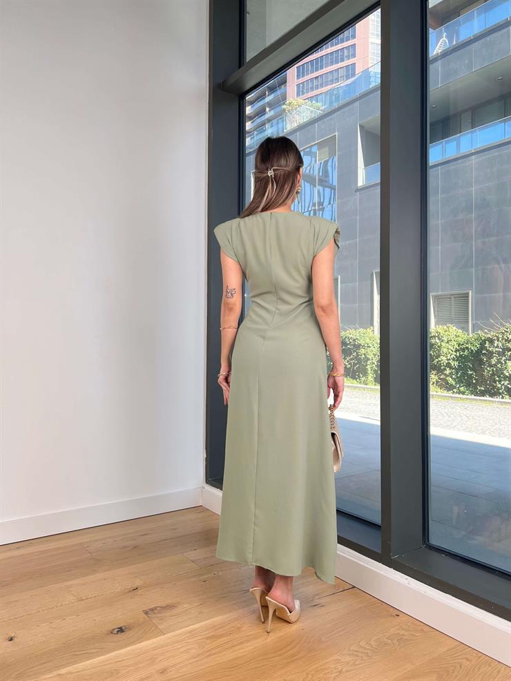 V Yaka Önü Aksesuarlı Sally Yeşil Kadın Elbise 25Y002