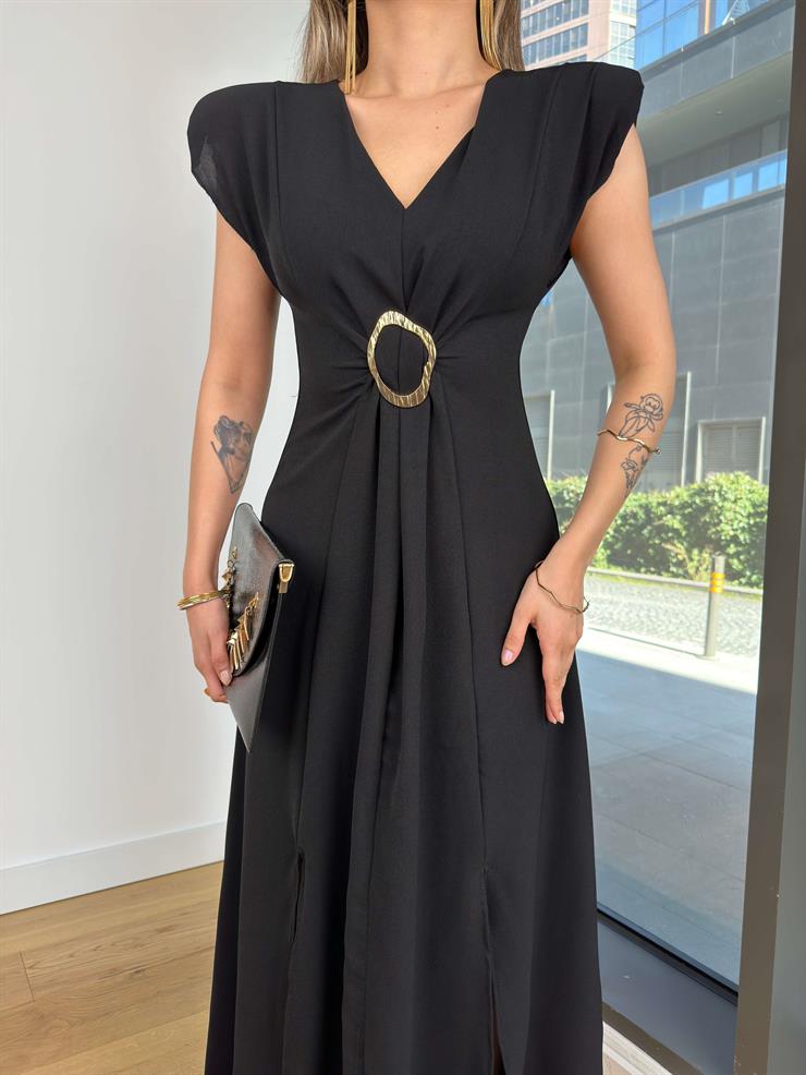 V Yaka Önü Aksesuarlı Sally Siyah Kadın Elbise 25Y002