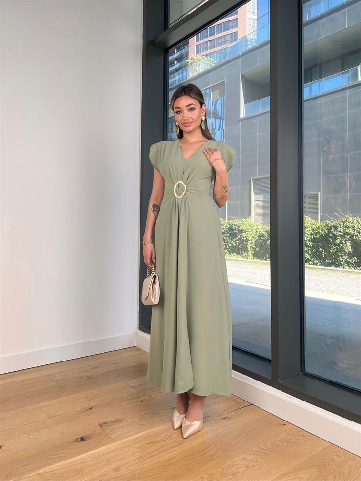 V Yaka Önü Aksesuarlı Sally Yeşil Kadın Elbise 25Y002