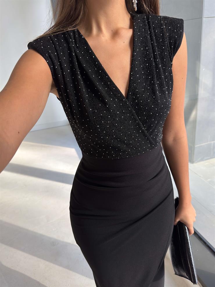 Üstü Taşlı Kruvaze Kesim Drapeli Salmer Siyah Kadın Elbise 26K187