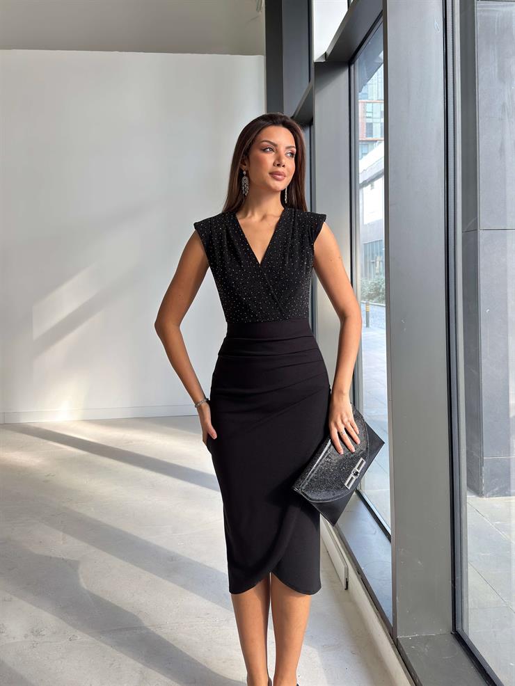 Üstü Taşlı Kruvaze Kesim Drapeli Salmer Siyah Kadın Elbise 26K187