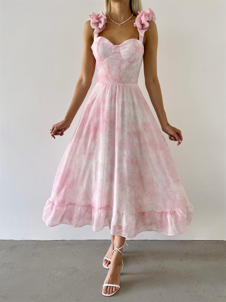 Fırfır Aksesuarlı Askı Etek Ucu Volanlı Salvador Kadın Pembe Desenli Elbise 23Y000552