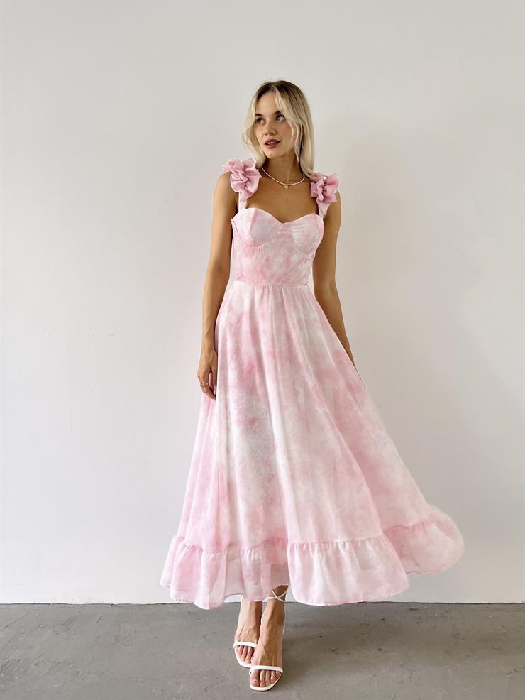 Fırfır Aksesuarlı Askı Etek Ucu Volanlı Salvador Kadın Pembe Desenli Elbise 23Y000552