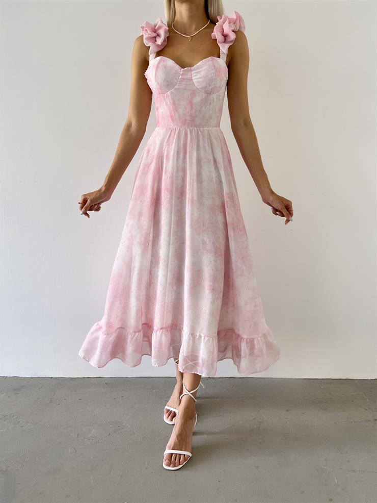 Fırfır Aksesuarlı Askı Etek Ucu Volanlı Salvador Kadın Pembe Desenli Elbise 23Y000552