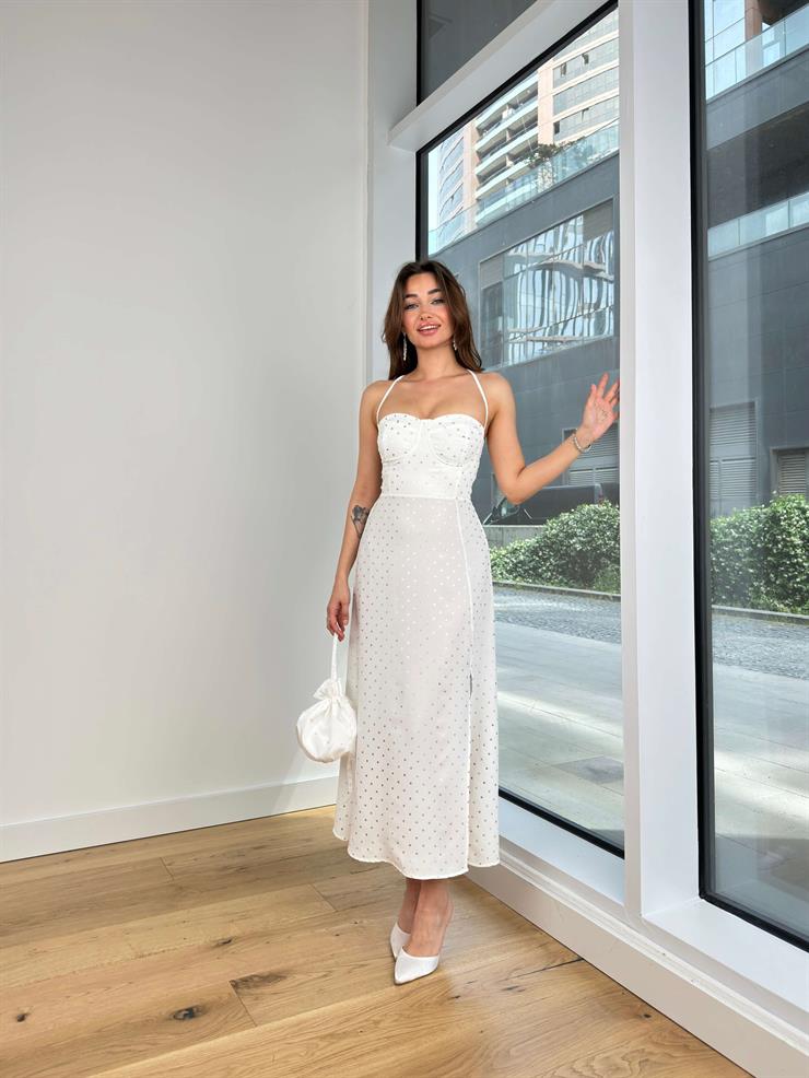 Arkası Çapraz Askılı Sam Kadın Puantiyeli Beyaz Elbise 24Y628