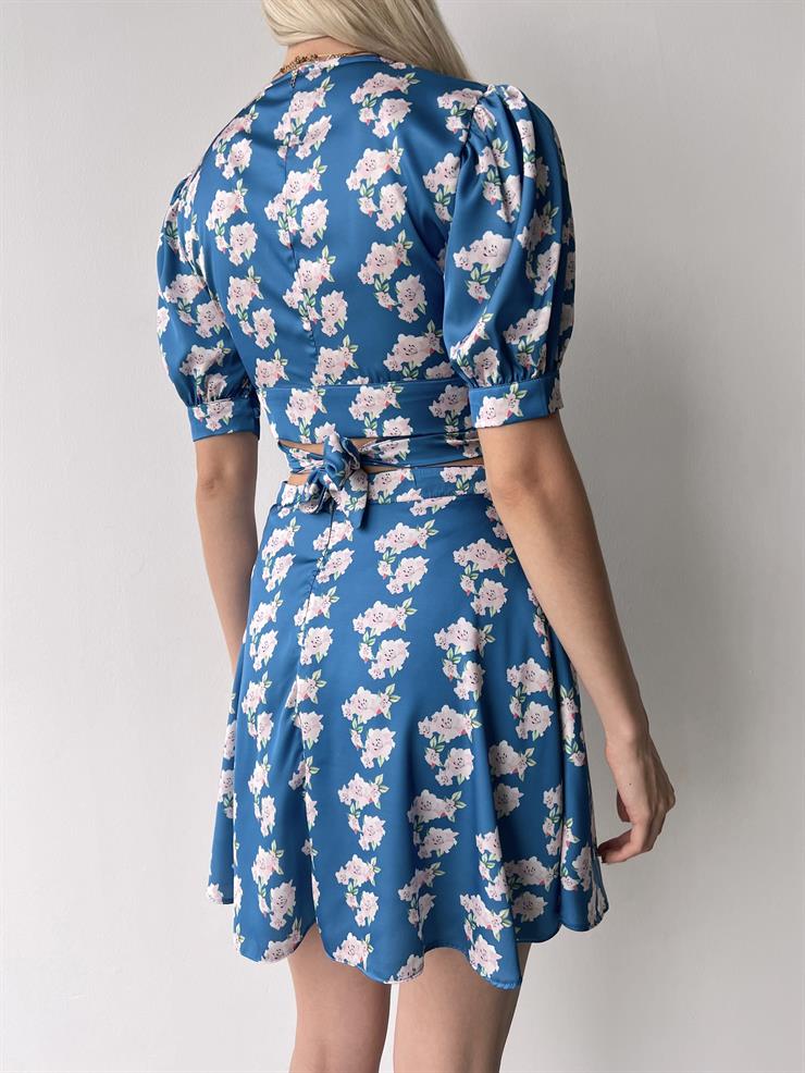 V Yaka Balon Kol Bağlama Detaylı Crop Yüksek Bel Mini Etek Samira Kadın Çiçekli Mavi Takım 23Y000399