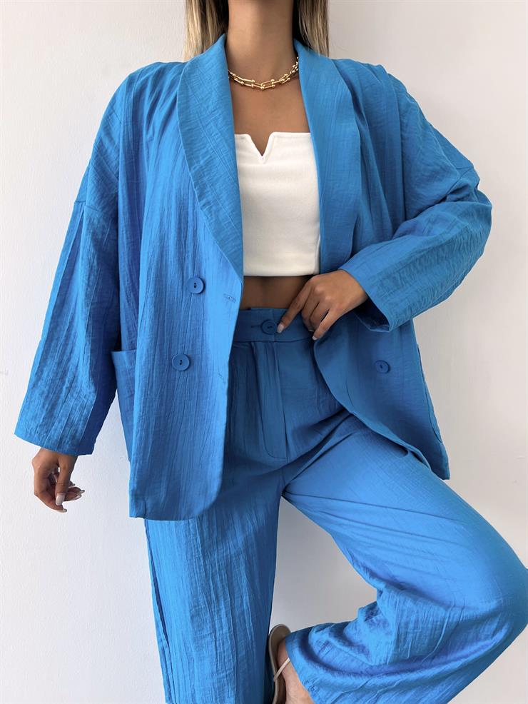 Önü Düğmeli Yanları Cepli Oversize Ceket Yüksek Bel Paçası Bol Pantolon Samuel Kadın Mavi Keten Takım 23Y000412