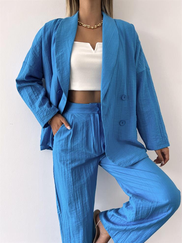 Önü Düğmeli Yanları Cepli Oversize Ceket Yüksek Bel Paçası Bol Pantolon Samuel Kadın Mavi Keten Takım 23Y000412