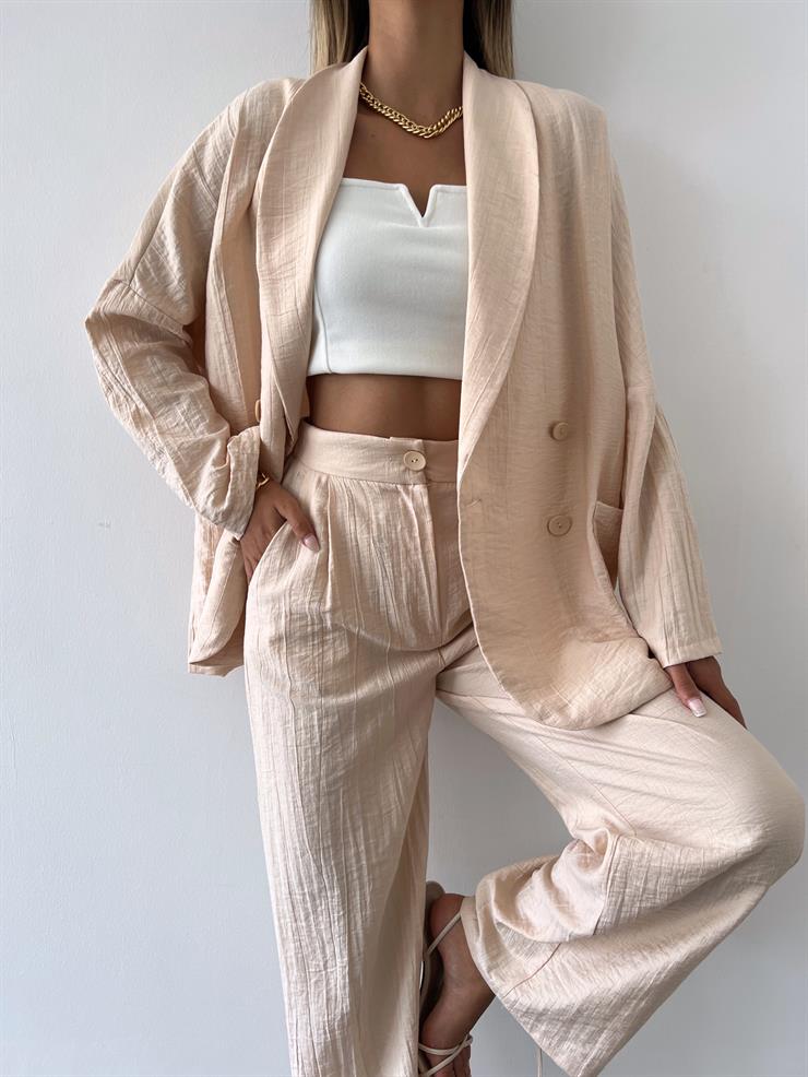 Önü Düğmeli Yanları Cepli Oversize Ceket Yüksek Bel Paçası Bol Pantolon Samuel Kadın Taş Keten Takım 23Y000412