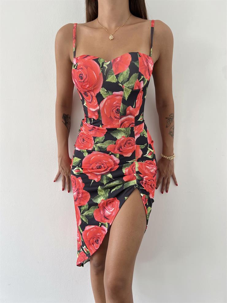 İnce Askılı Eteği Yırtmaçlı Samuil Kadın Çiçekli Kırmızı Elbise 23K000471