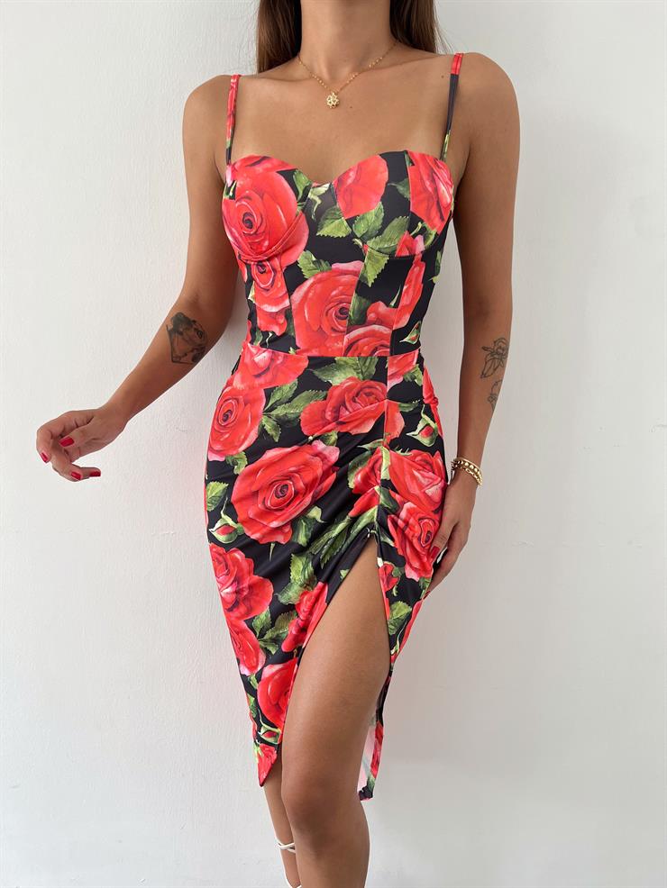 İnce Askılı Eteği Yırtmaçlı Samuil Kadın Çiçekli Kırmızı Elbise 23K000471