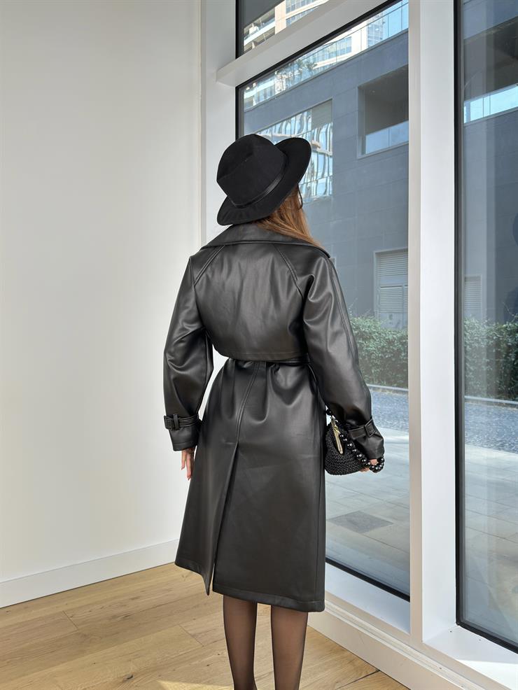 Beli Ve Kol Ucu Kemer Detaylı Sanders Kadın Siyah Deri Kaban 24Y855