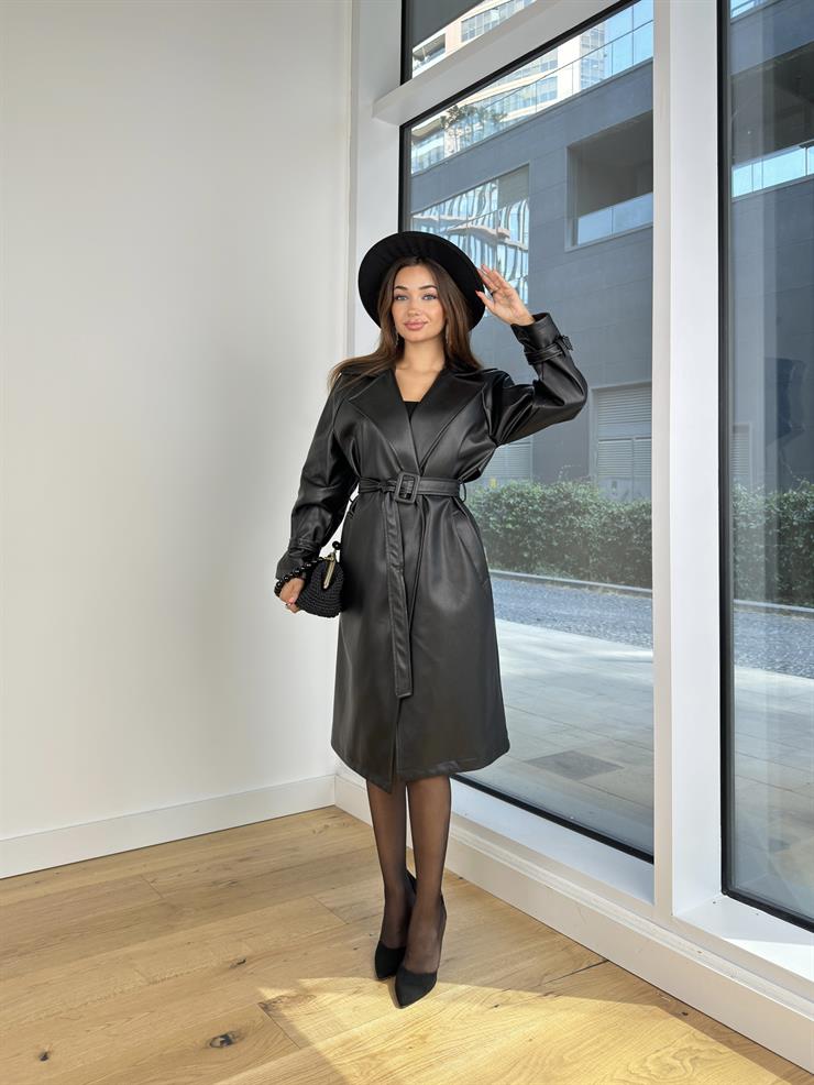 Beli Ve Kol Ucu Kemer Detaylı Sanders Kadın Siyah Deri Kaban 24Y855