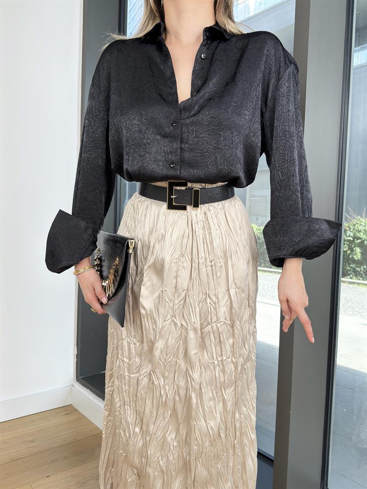 Beli Lastikli Kırışık Görünümlü Sando Taş Kadın Saten Etek 25K484