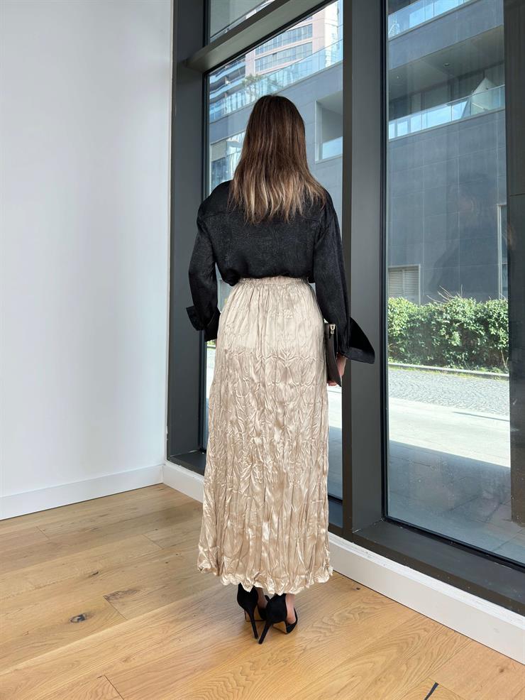 Beli Lastikli Kırışık Görünümlü Sando Taş Kadın Saten Etek 25K484