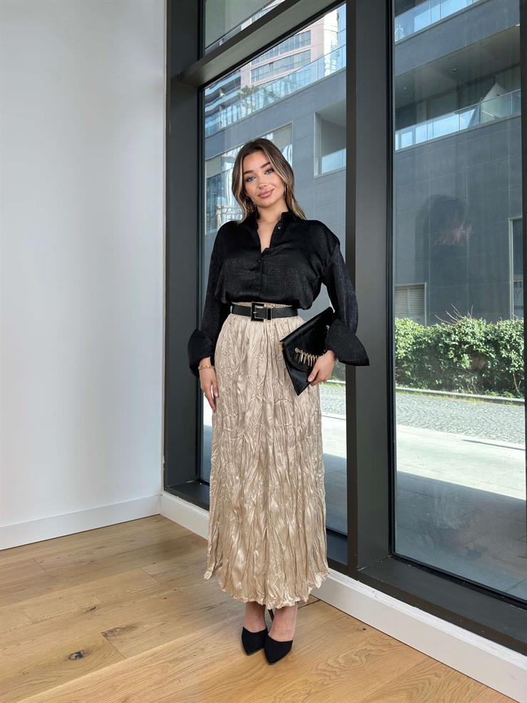 Beli Lastikli Kırışık Görünümlü Sando Taş Kadın Saten Etek 25K484