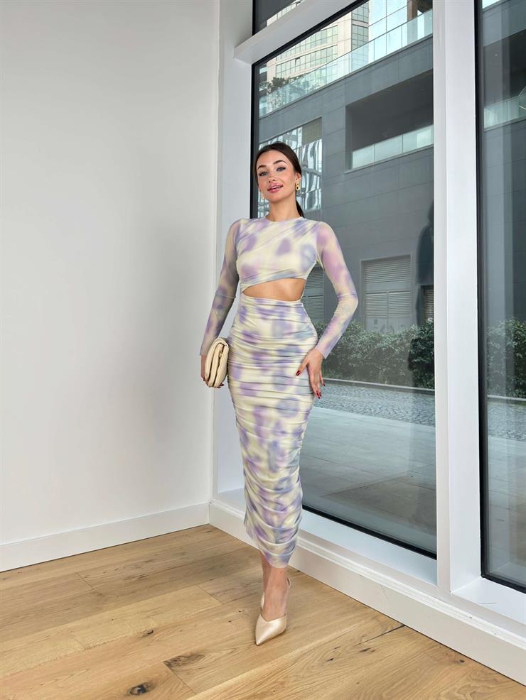 Beli Pencere Detaylı Drapeli Sandor Kadın Lila Elbise 24Y217