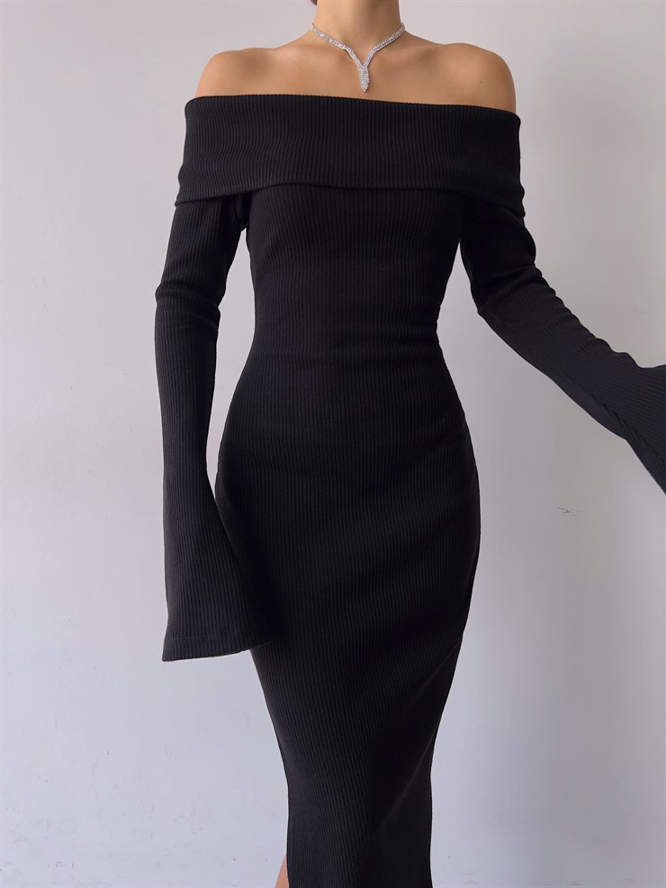 Madonna Yaka Kol Ucu Geniş Kesim Yandan Yırtmaçlı Sandro Kadın Siyah Kaşkorse Elbise 23K000228