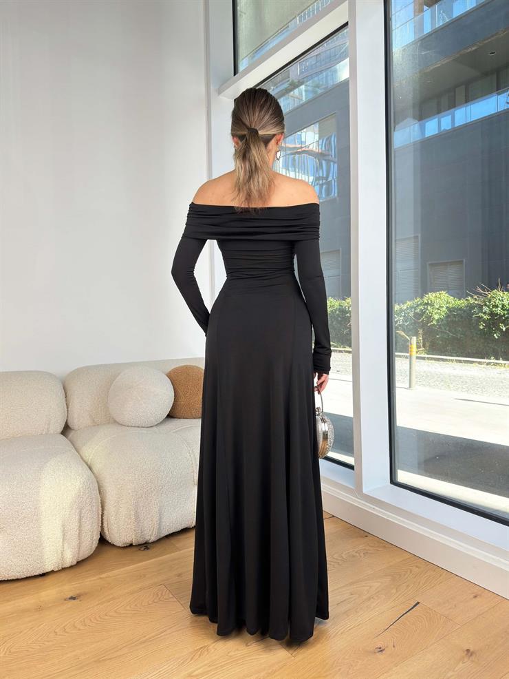 Madonna Yaka Göğüs Kısmı Büzgülü Uzun Kol Sandy Siyah Elbise 25K428