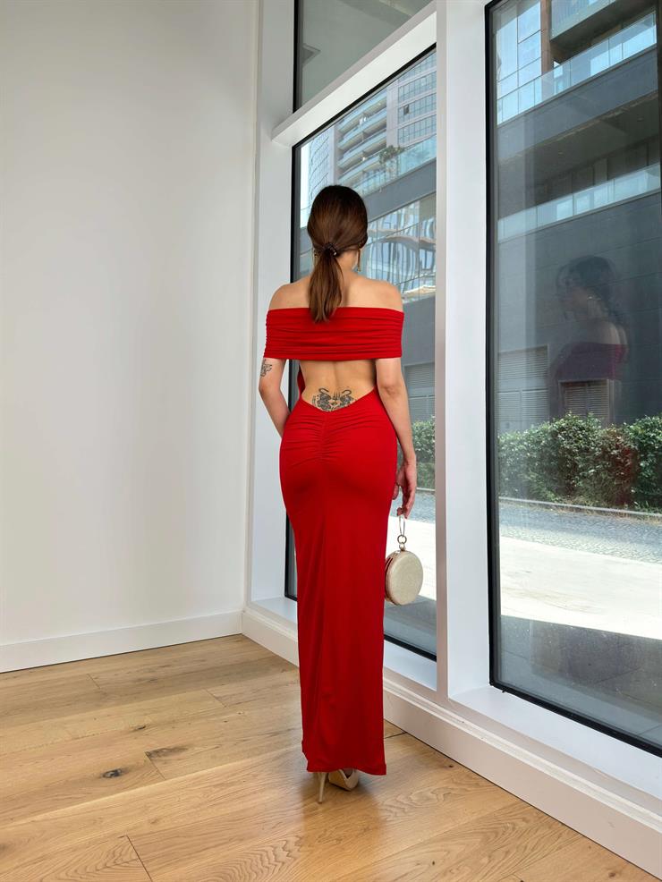 Madonna Yaka Arkası Derin Dekolteli Ve Drapeli Streç Sanily Kadın Kırmızı Maxi Elbise 24Y761