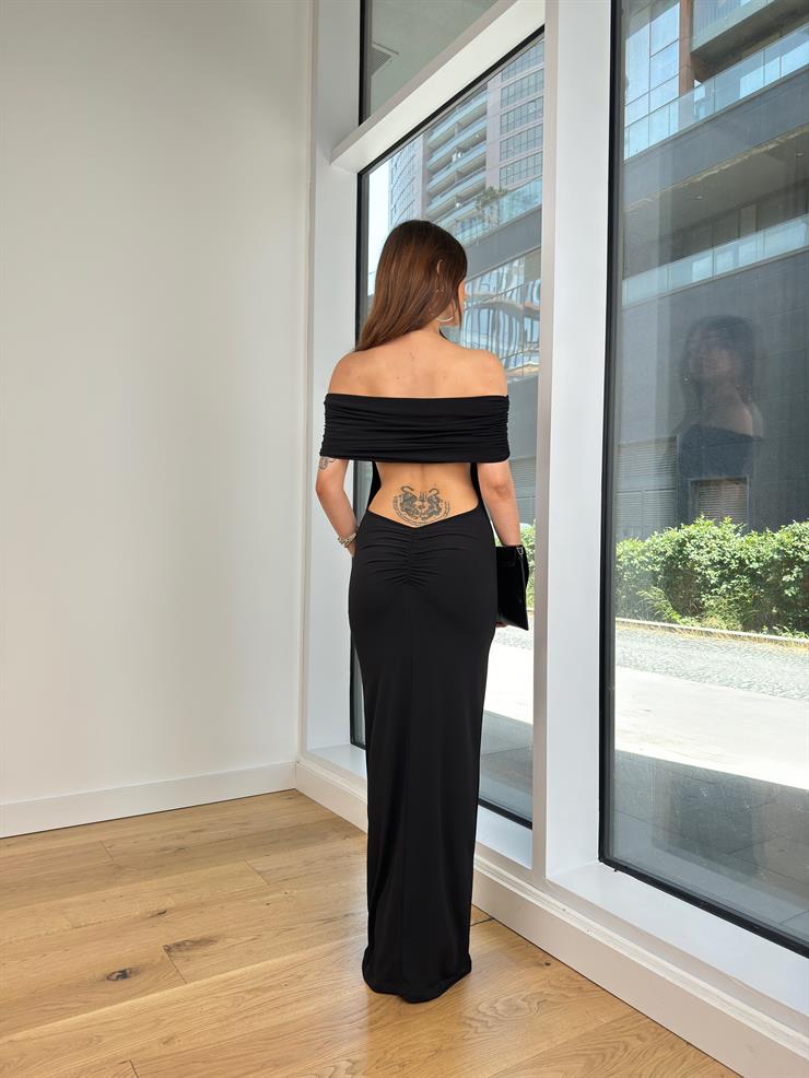 Madonna Yaka Arkası Derin Dekolteli Ve Drapeli Streç Sanily Kadın Siyah Maxi Elbise 24Y761