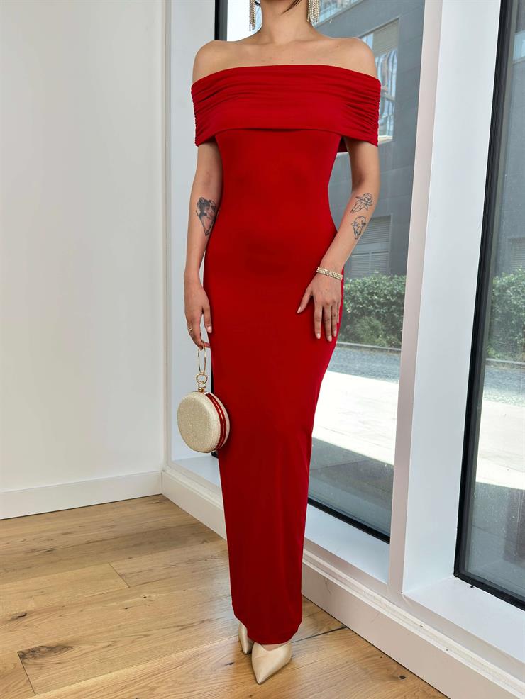 Madonna Yaka Arkası Derin Dekolteli Ve Drapeli Streç Sanily Kadın Kırmızı Maxi Elbise 24Y761