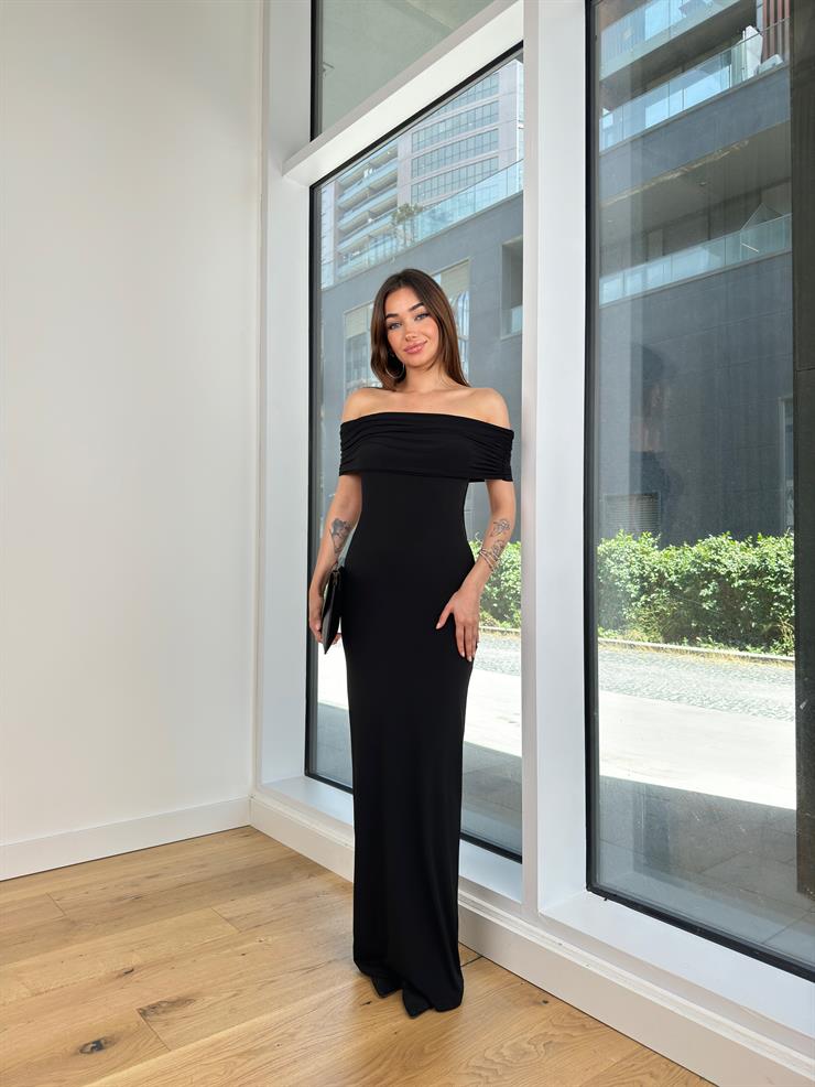 Madonna Yaka Arkası Derin Dekolteli Ve Drapeli Streç Sanily Kadın Siyah Maxi Elbise 24Y761