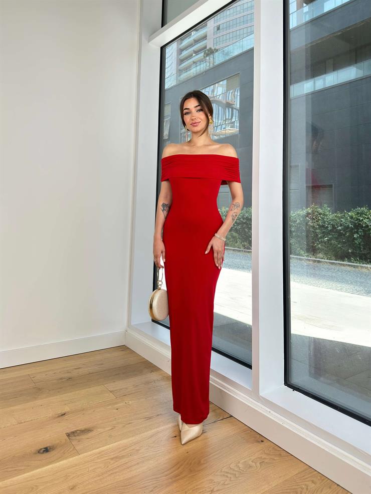 Madonna Yaka Arkası Derin Dekolteli Ve Drapeli Streç Sanily Kadın Kırmızı Maxi Elbise 24Y761