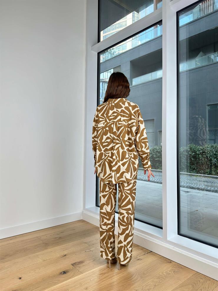 Desenli Gömlek Yüksek Bel Bol Pantolon Sanita Kadın Zeytin Yeşili Takım 24Y235